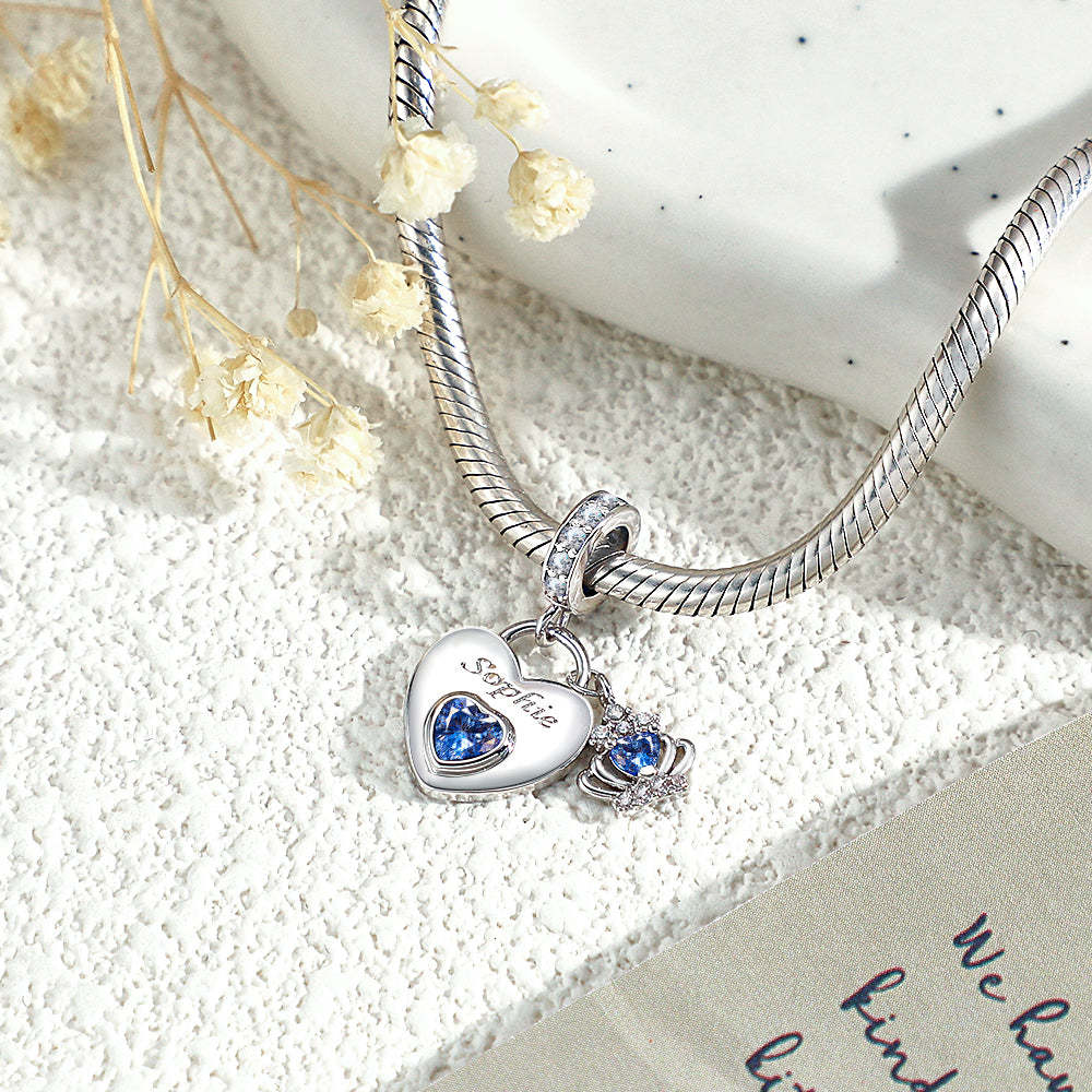 Custom Engraved Birthstone Charm Heart Crown Pendant Love Gift - soufeelau