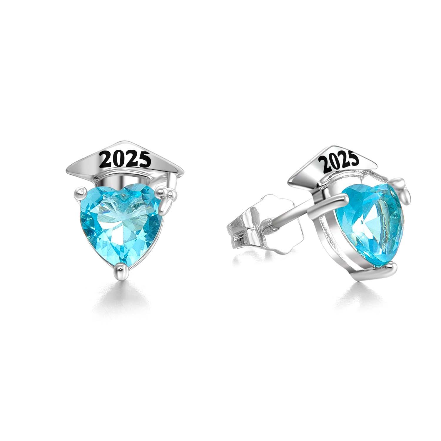 Custom Graduation Cap Stud Earrings with Birthstones Heart Post Earrings Class of 2025 Graduation Jewelry Graduation Gifts for Her/Family/Friends - soufeelau