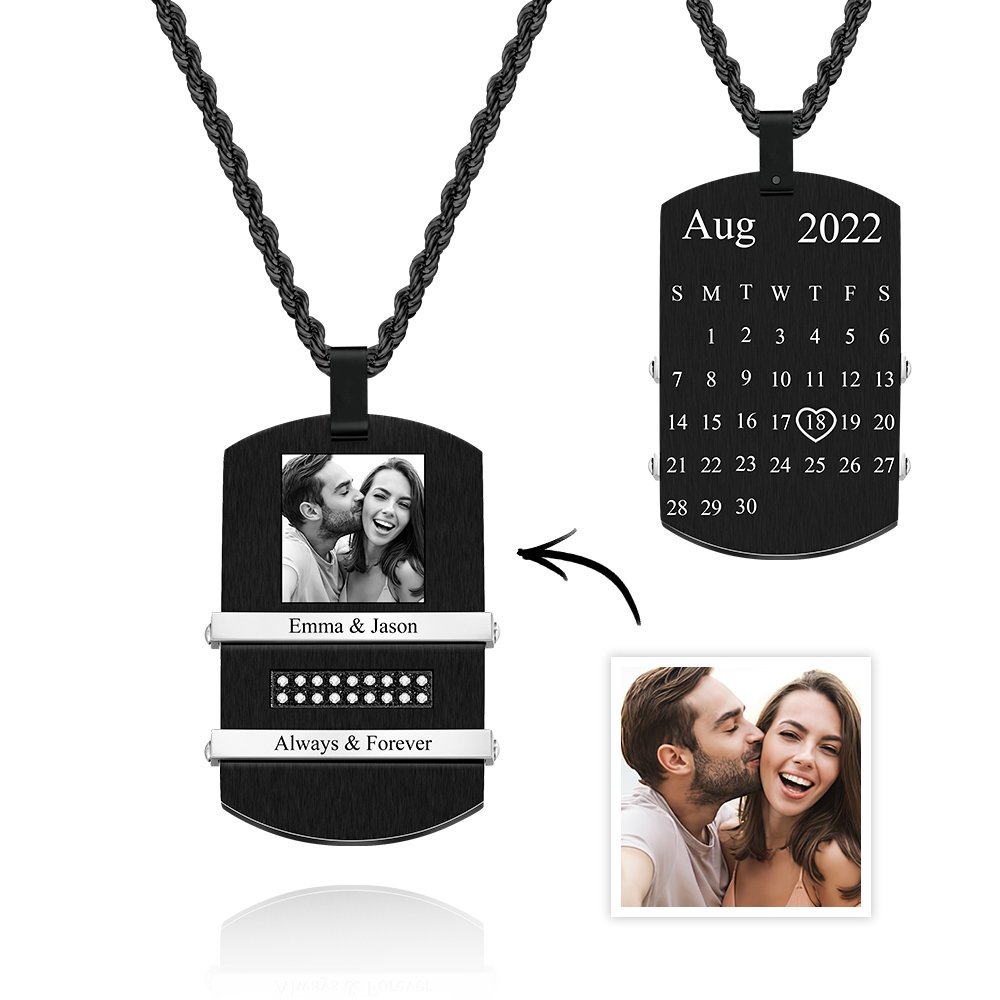 Personalized Men's Black Necklace with Pictures and Calendar inside Customized Necklace with Picture Photo Pendant for Men - soufeelau