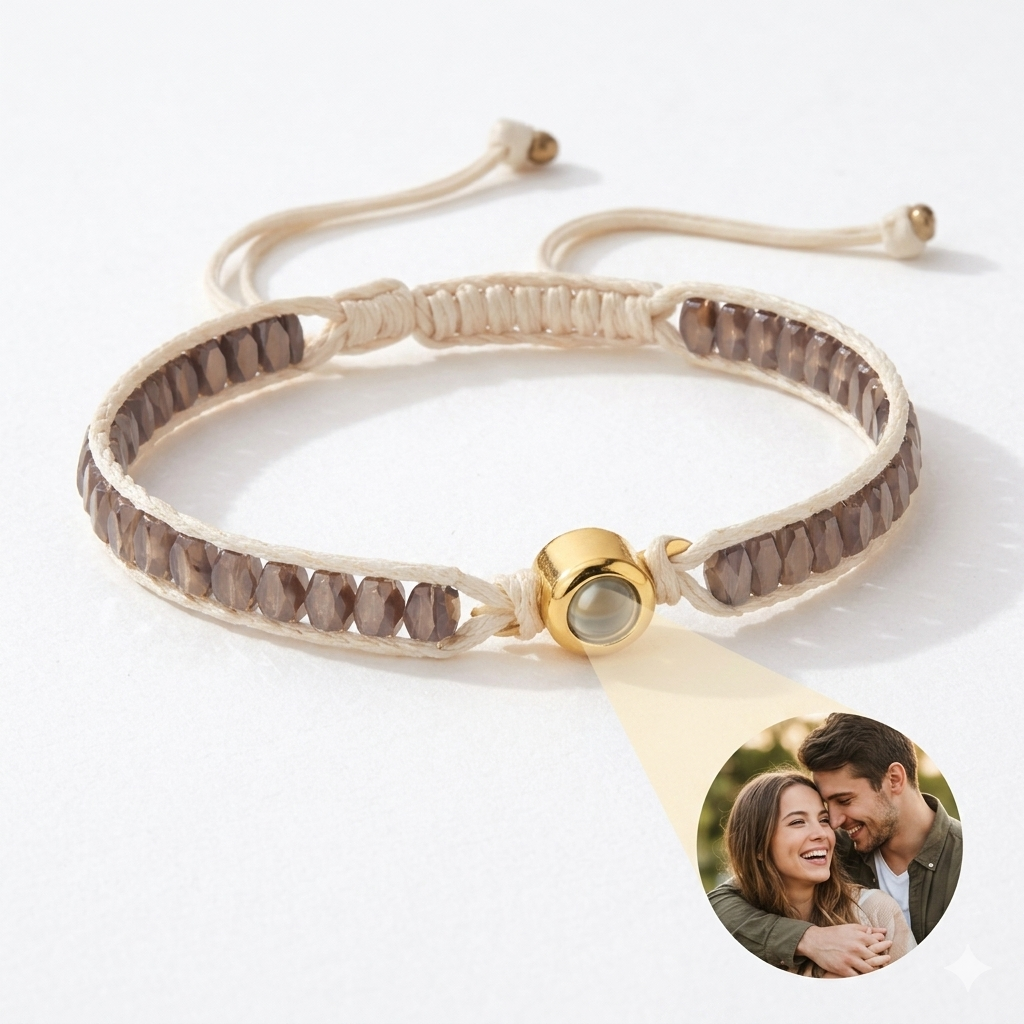 Personalized Photo Bracelet Sparkling Crystal Beads Adjustable Braided Cord Custom Gift - soufeelau