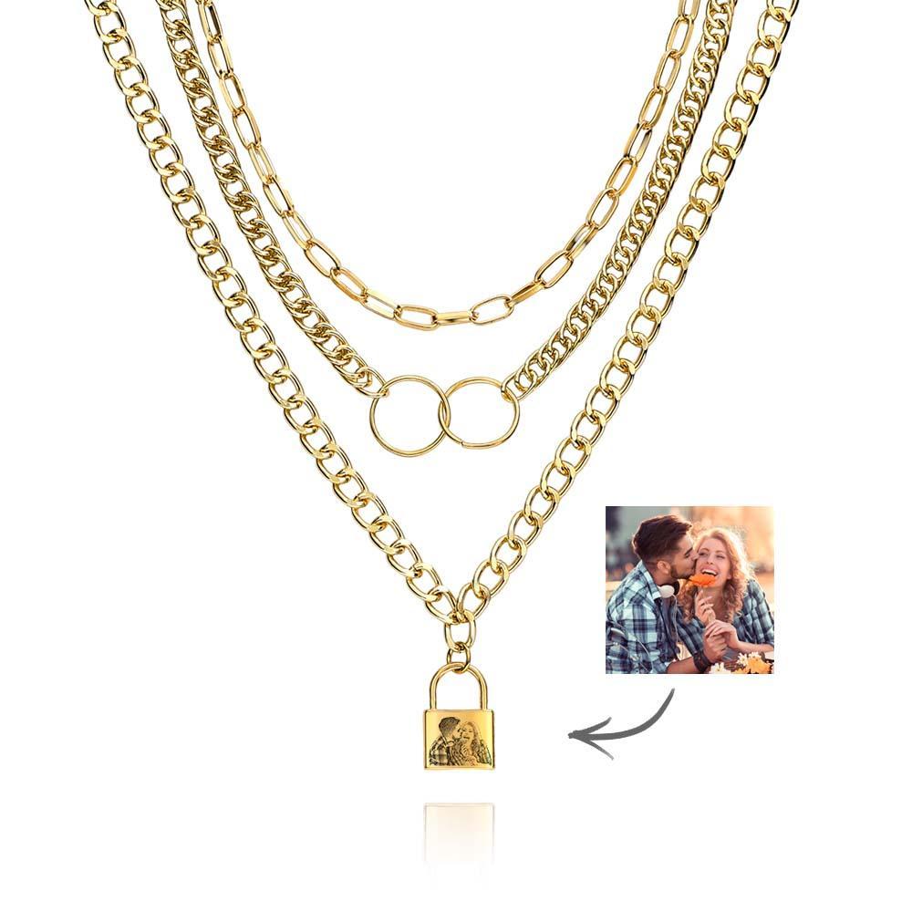 Triple Chain Set Personalized Photo Necklace with Lock - soufeelau
