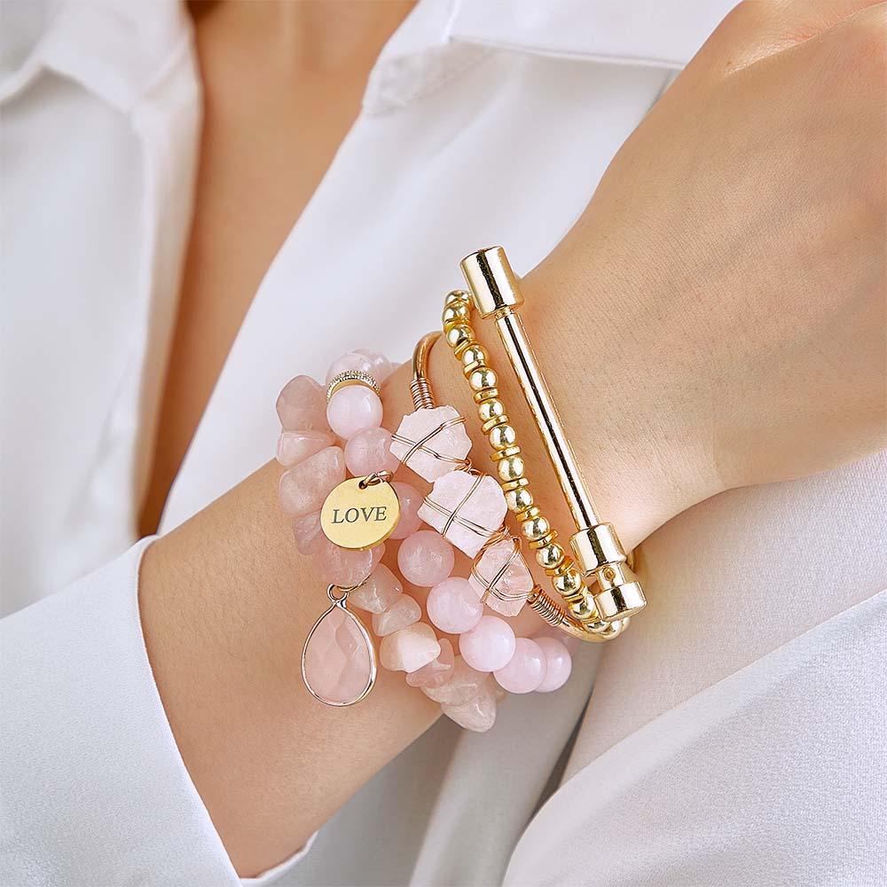 Custom Birthstone Engraved Bracelet Crystal Pink Bohemia Style Gift - soufeelau
