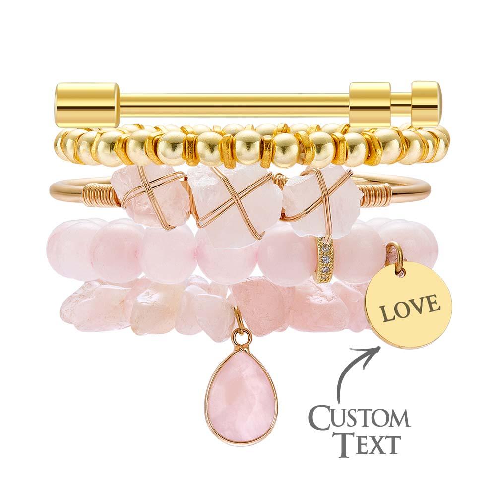 Custom Birthstone Engraved Bracelet Crystal Pink Bohemia Style Gift - soufeelau