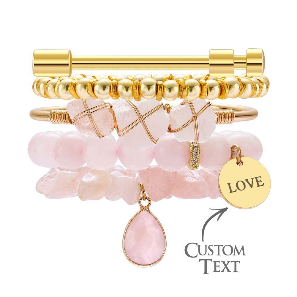 Custom Birthstone Engraved Bracelet Crystal Pink Bohemia Style Gift - soufeelau