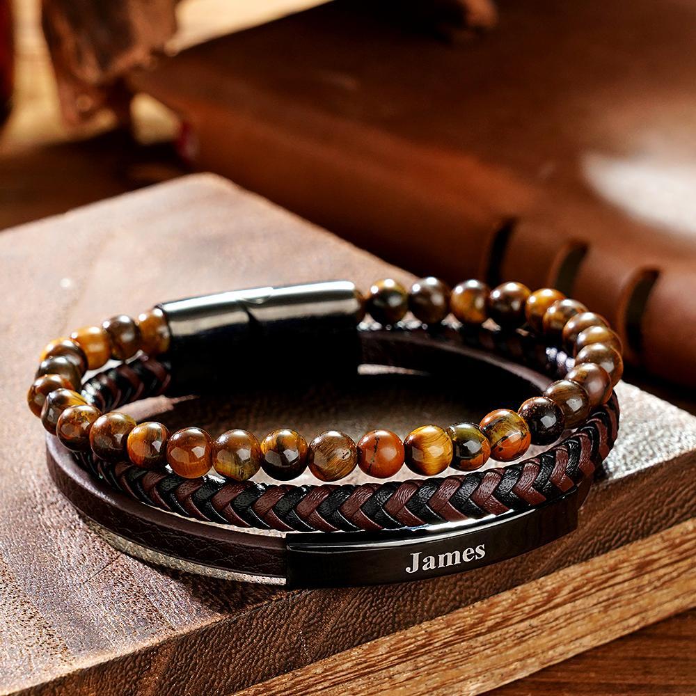Custom Name Bracelet Vintage Stack Woven Leather Gift for Men - soufeelau