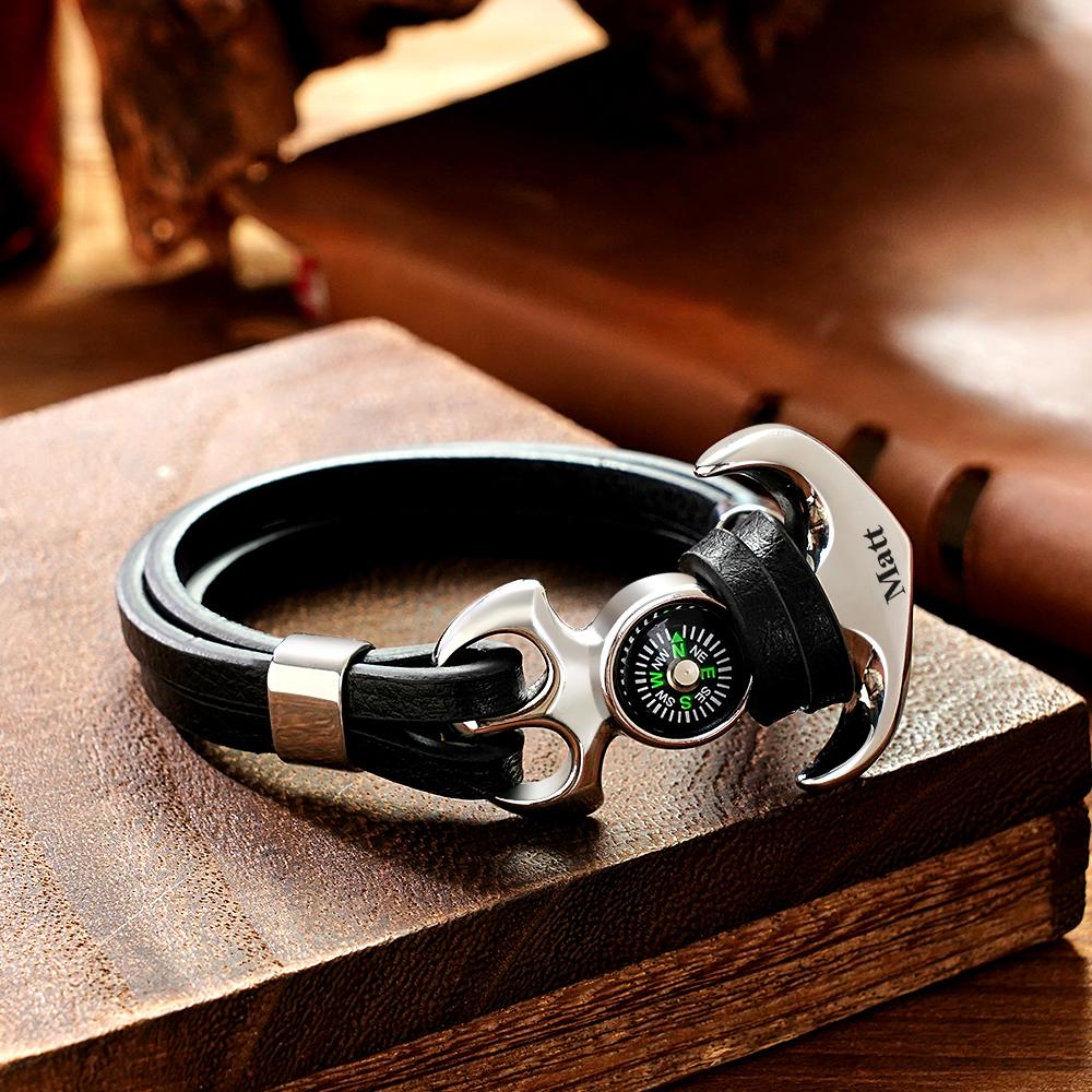 Custom Name Bracelet Anchor Creative Outdoor Sports Compass Leather - soufeelau