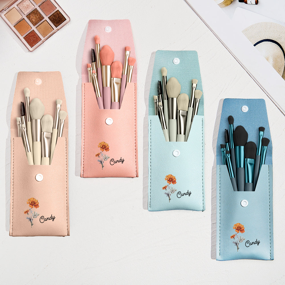 Personalized Birth Flower Leather Makeup Brush Bag with 8 Pcs Makeup Brushes Birthday Wedding Gift - soufeelau