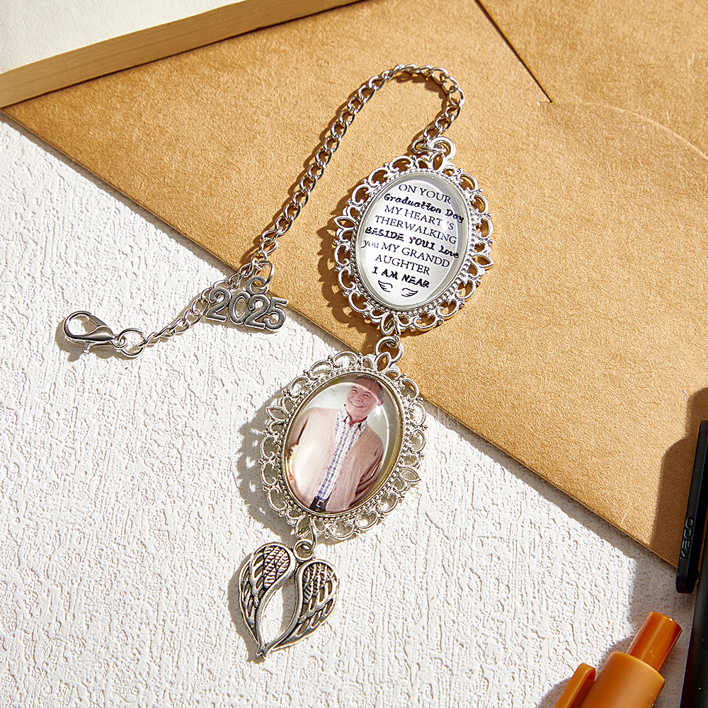 Custom Graduation Tassel Photo Charm with Angel Wings On Your Graduation Day My Heart Is There Gift Memorial Graduation Gift - soufeelau