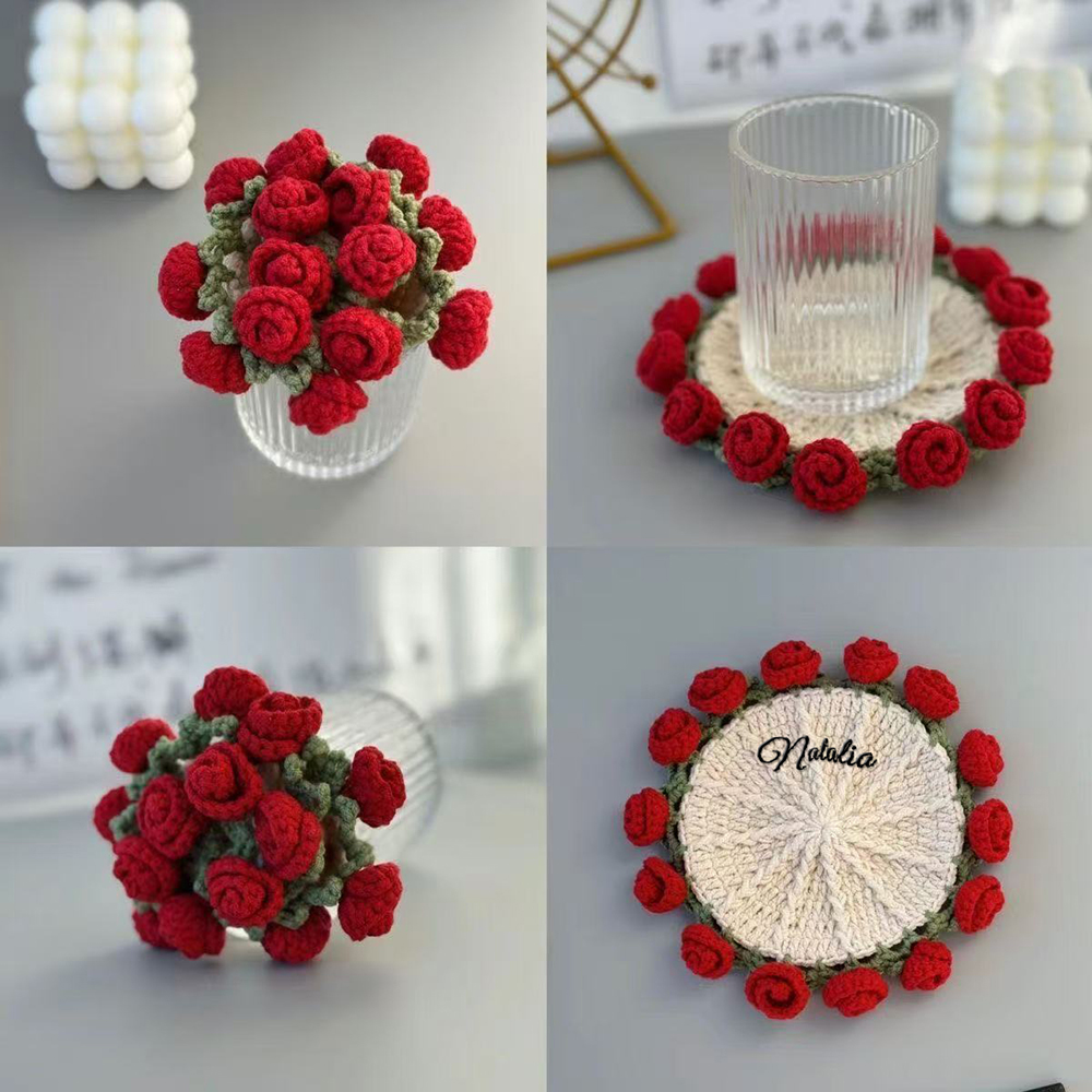 Customized Name Coaster Creative Gift Bouquet Crocheted Cup Finished Rose Bouquet Handmade Hand-Held Flower Woven Coaster - soufeelau