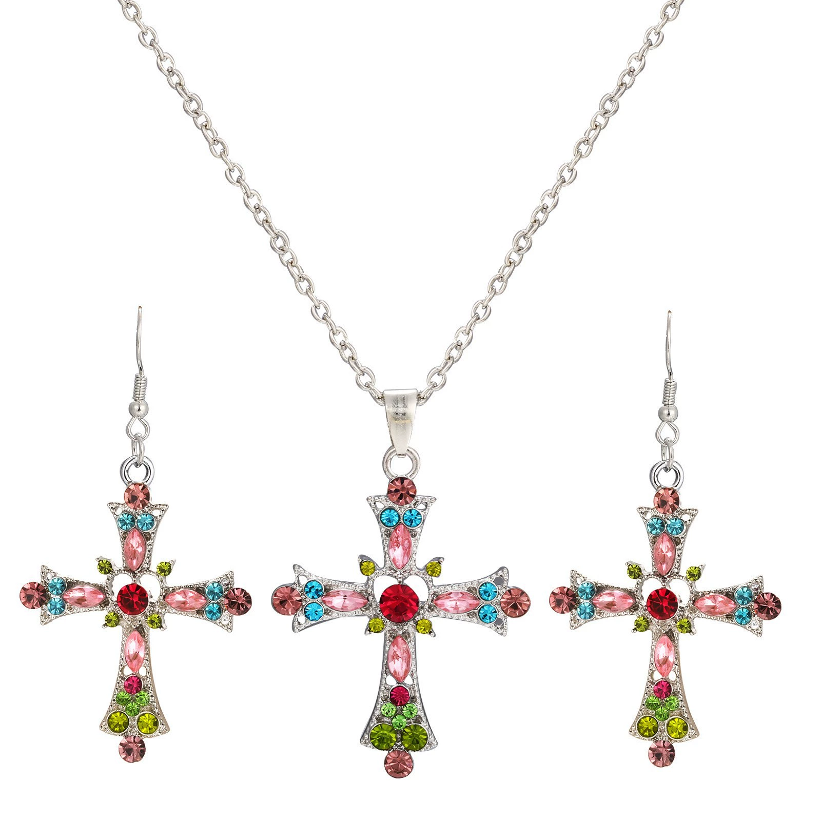 Pink Crystal Cross Pendant Necklace Gothic Punk Colorful Cross Zircon Choker for Egirl Eboy Woman - soufeelau