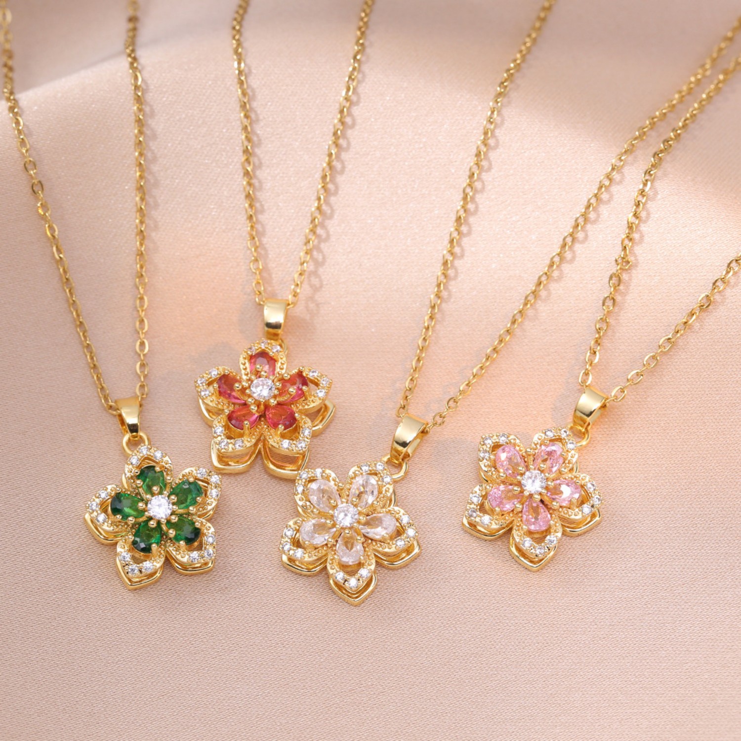 Floral Birthstone Necklace Lotus Flower Gemstone Necklace with Rotating Crystal Flower - soufeelau