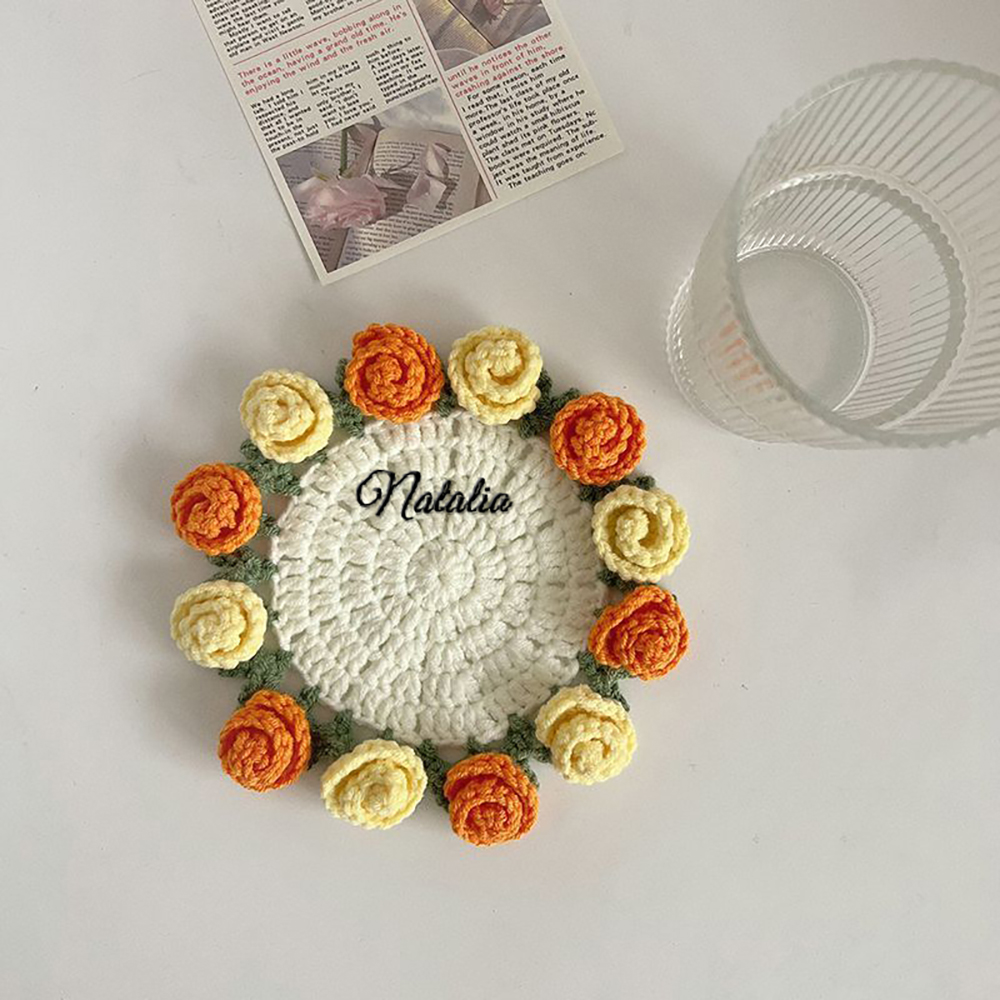Customized Name Coaster Creative Gift Bouquet Crocheted Cup Finished Rose Bouquet Handmade Hand-Held Flower Woven Coaster - soufeelau