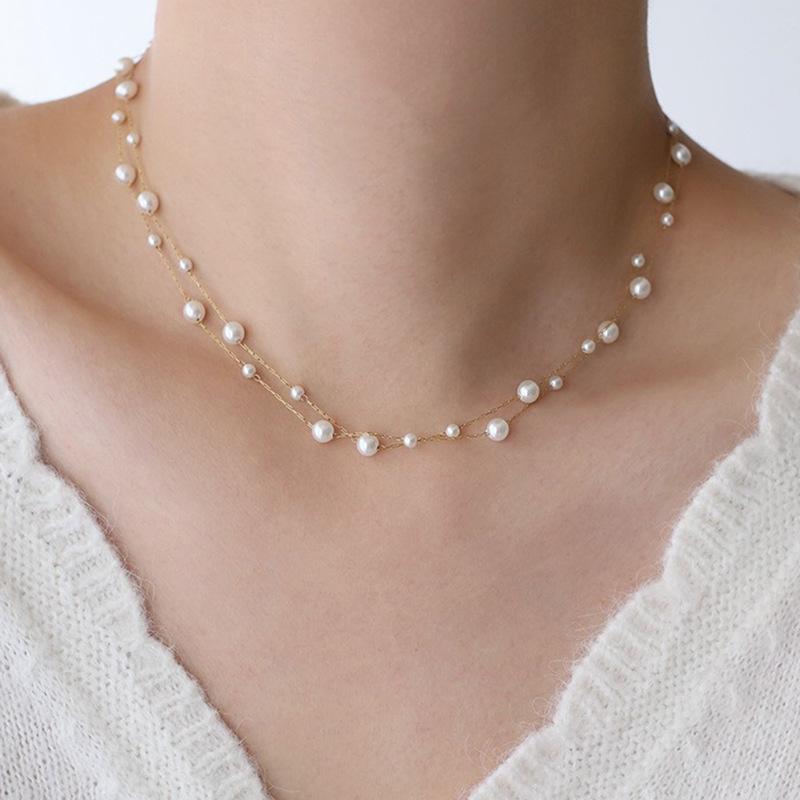 Dainty Double-Layer Floating Pearl Necklace | Non-Tarnish Gold Plated Choker Delicate Clavicle Chain Jewelry