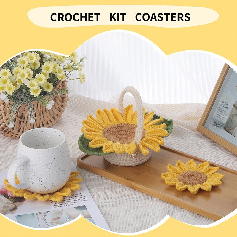 Knitted Flower Coasters Woven Sunflower Coasters Hand-Woven Flower Crochet Material Kit Handmade Diy Gifts - soufeelau