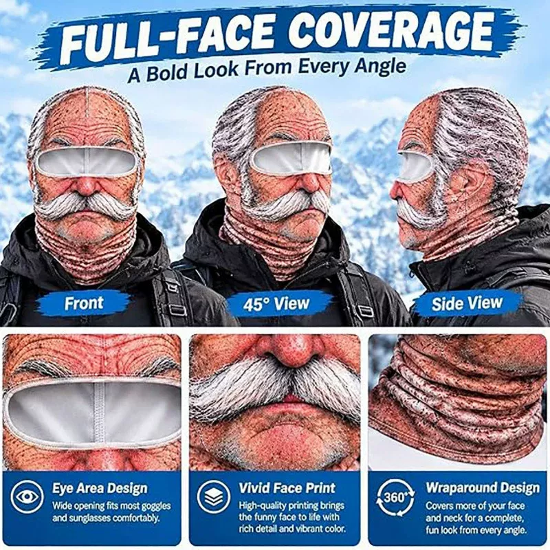 Funny Realistic Old Man Face Balaclava Ski Mask Winter Thermal Windproof Full Face Mask for Outdoor Skiing Cycling Halloween Party - soufeelau