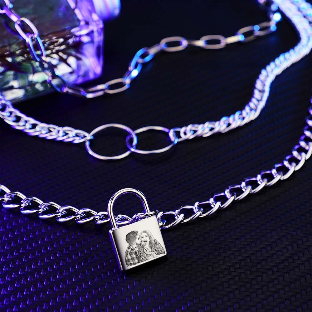 Triple Chain Set Personalized Photo Necklace with Lock - soufeelau