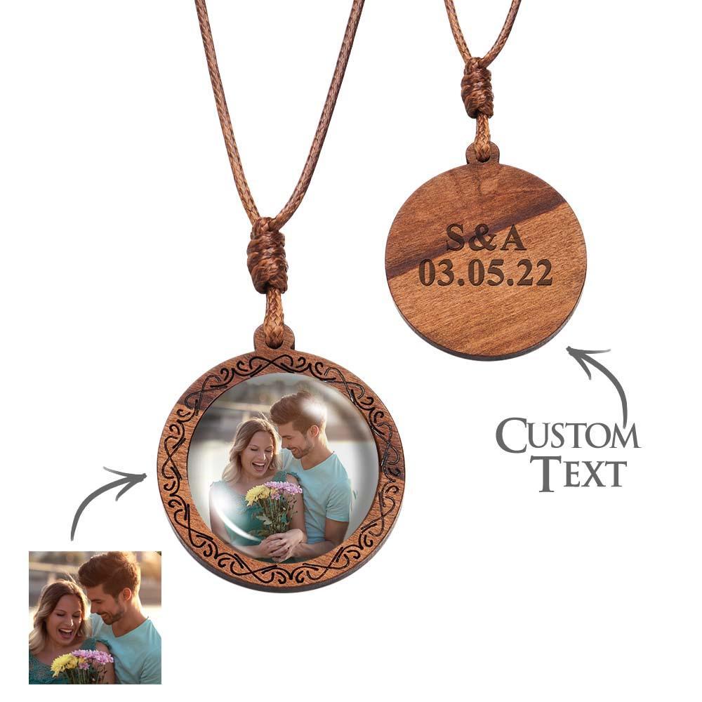 Custom Photo Necklace Wood Pendant Engraved and Personalized Circle Pendant Valentine's Gifts for Him - soufeelau