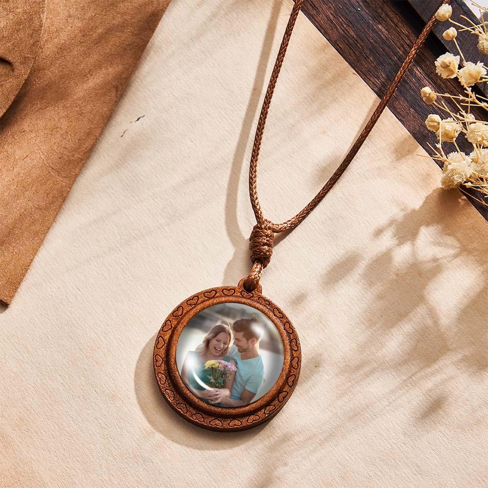 Custom Photo Necklace Wood Pendant Engraved and Personalized Circle Pendant Valentine's Gifts for Him - soufeelau