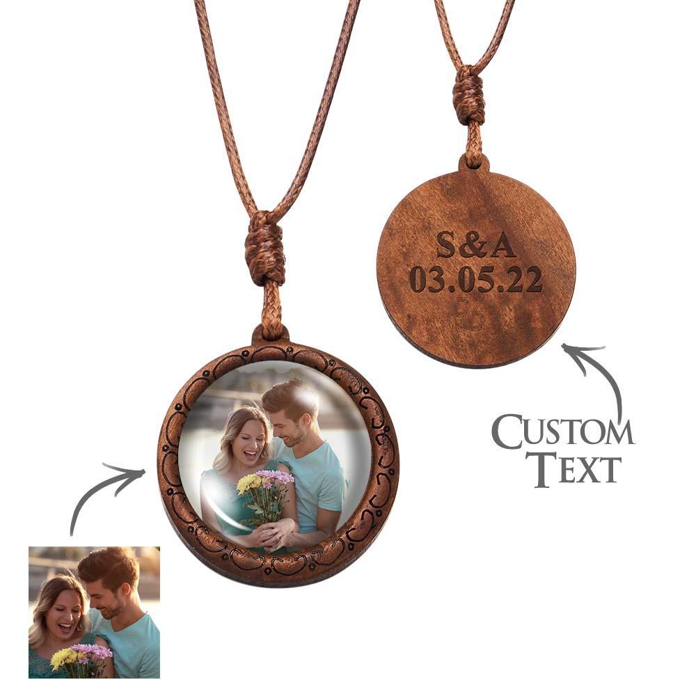 Custom Photo Necklace Wood Pendant Engraved and Personalized Circle Pendant Valentine's Gifts for Him - soufeelau