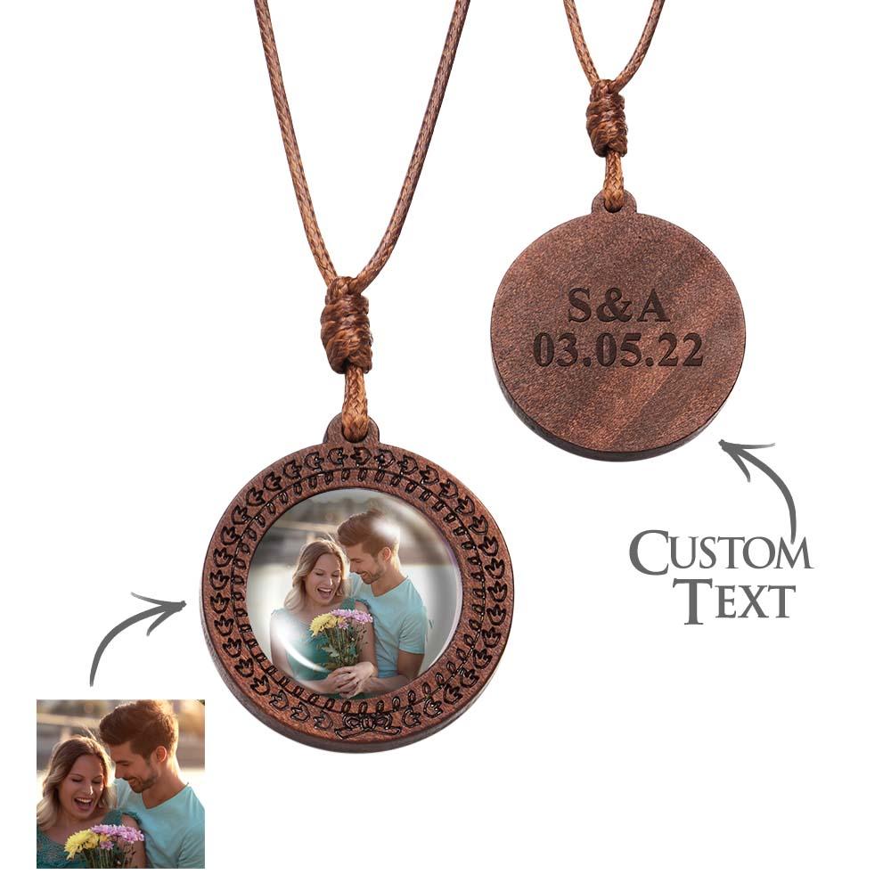 Personalized Photo Necklace Gifts for Him Wood Pendant Custom Name Engraved Round Pendant - soufeelau