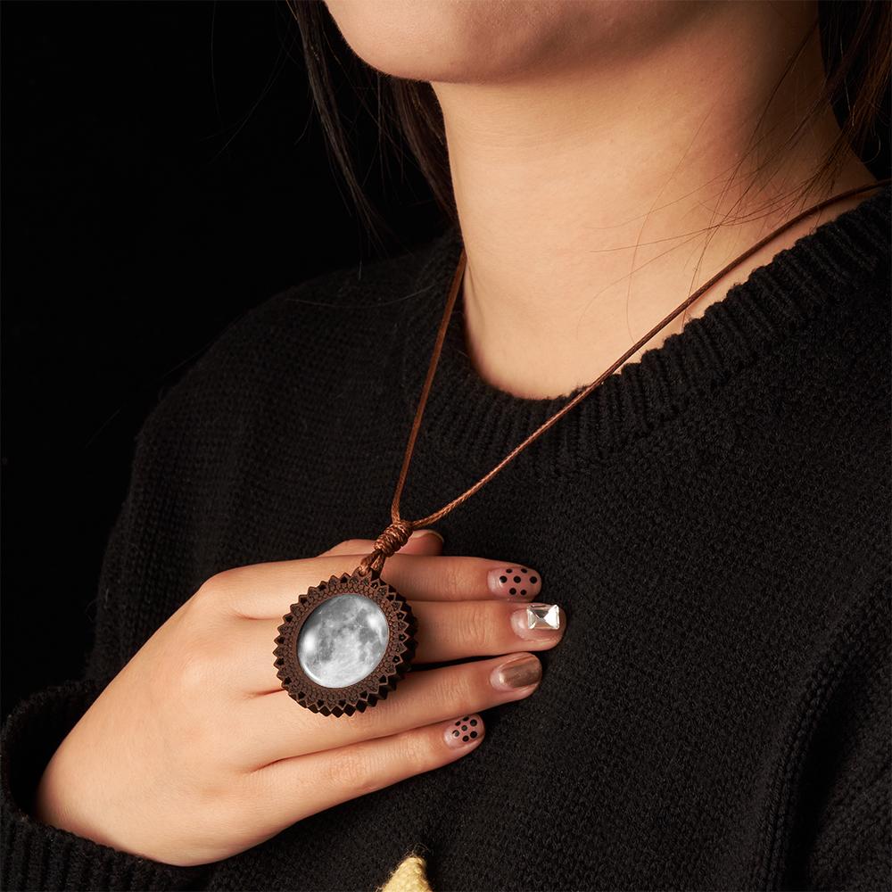 Custom Moon Phase Wood Pendant Necklace Personalized Engraved Name Valentine's Gifts for Her - soufeelau