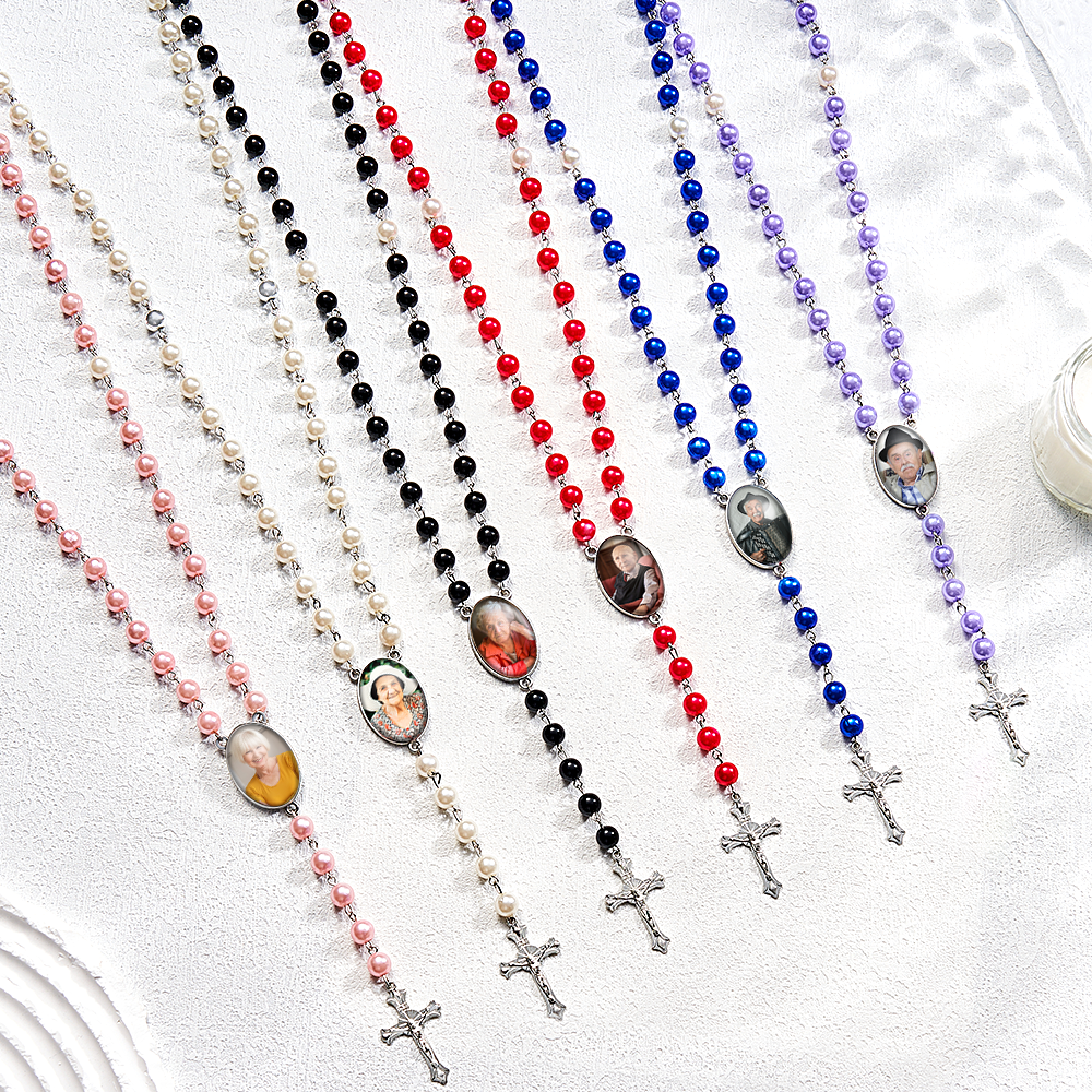 Custom Rosary Beads Cross Multi-Color Necklace Personalized Necklace with Photo Memorial Gift for Women