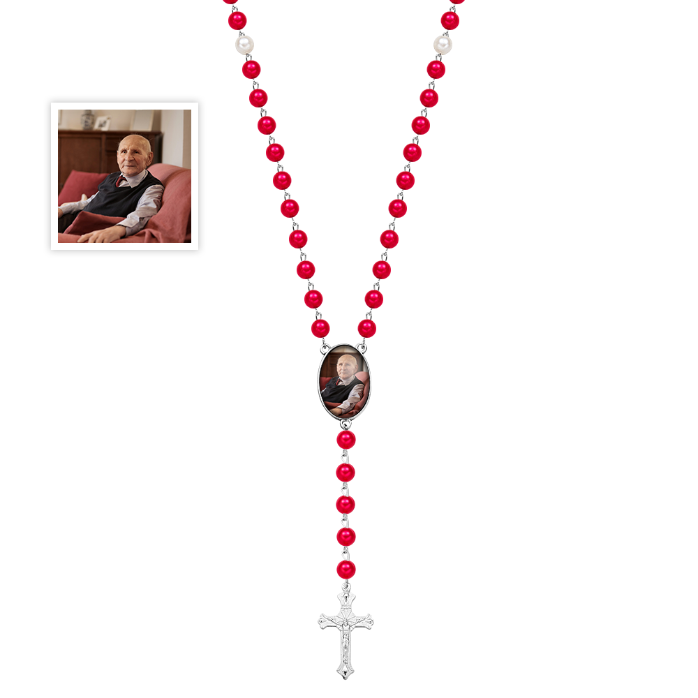 Custom Rosary Beads Cross Multi-Color Necklace Personalized Necklace with Photo Memorial Gift for Women