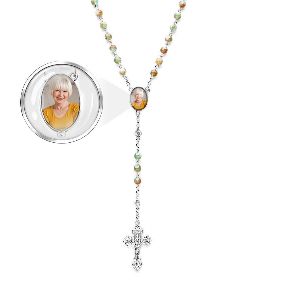 Custom Rosary Beads Cross Necklace Personalized Green Necklace with Photo - soufeelau