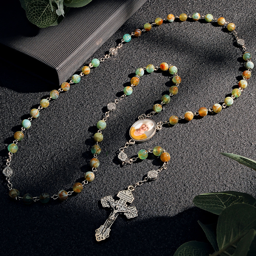 Custom Rosary Beads Cross Necklace Personalized Green Necklace with Photo - soufeelau