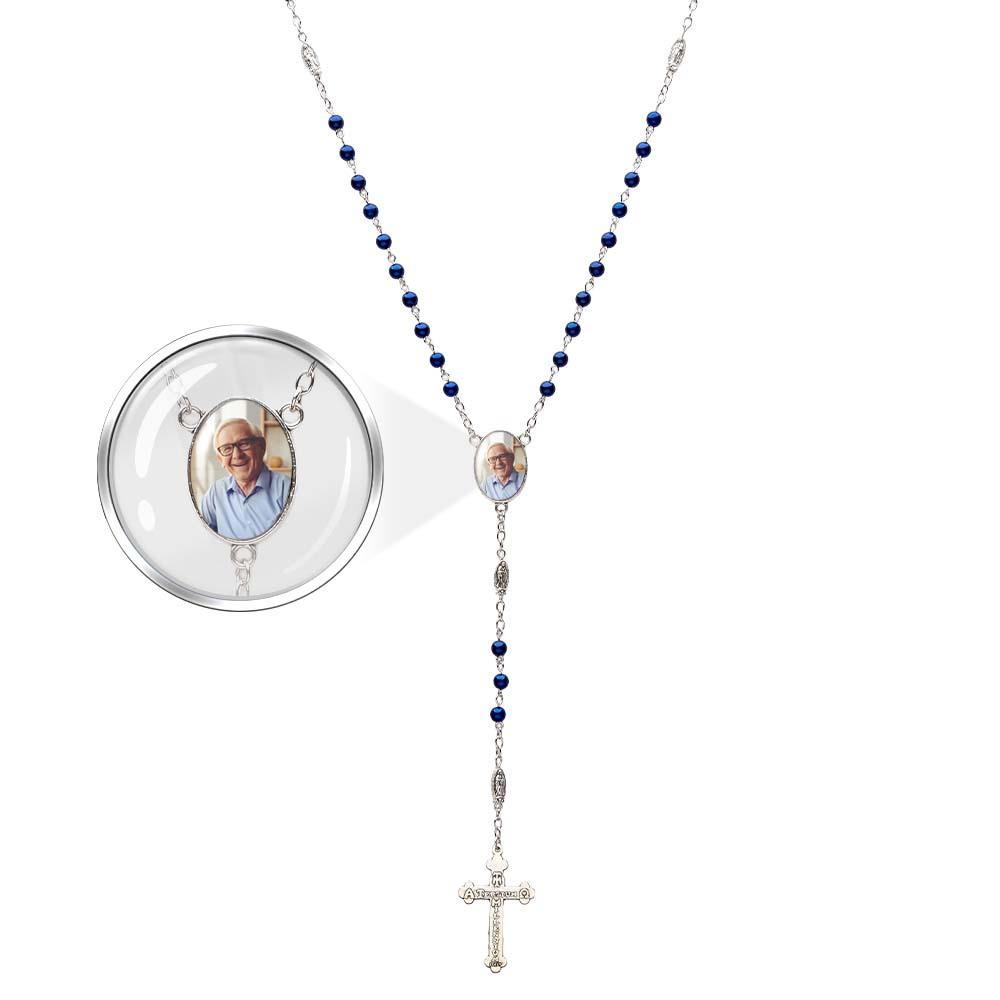 Custom Rosary Beads Cross Necklace Personalized Blue Imitation Pearls Necklace with Photo - soufeelau