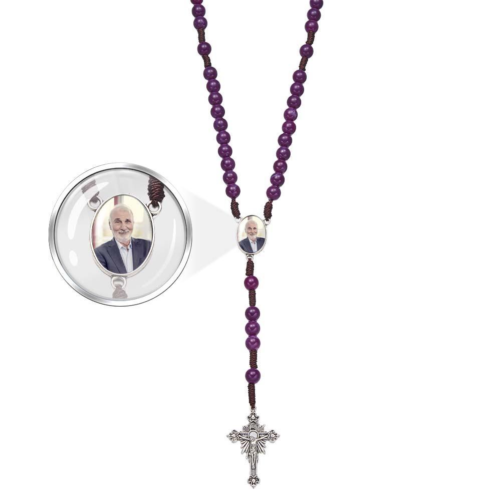Custom Rosary Beads Cross Necklace Personalized Handmade Purple Necklace with Photo - soufeelau