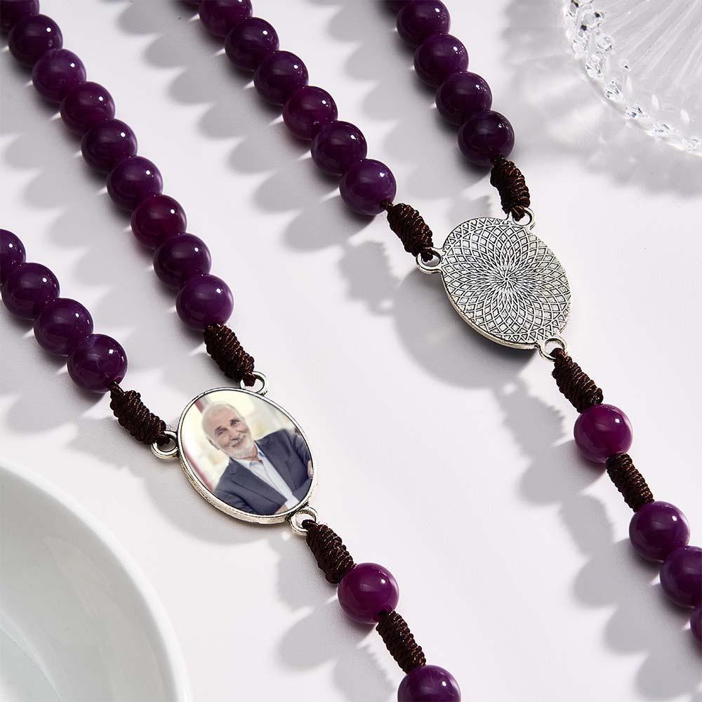 Custom Rosary Beads Cross Necklace Personalized Handmade Purple Necklace with Photo - soufeelau