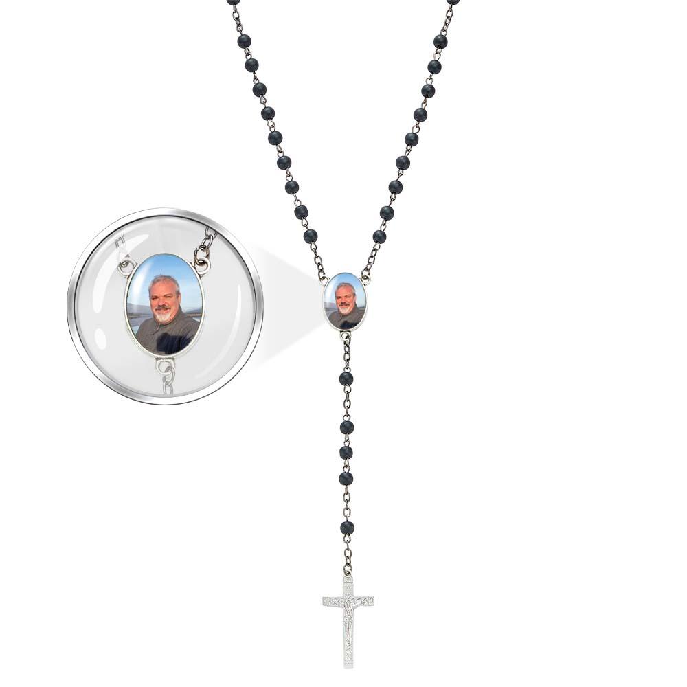 Custom Rosary Beads Cross Necklace Personalized Black Frosted Agate Necklace with Photo - soufeelau
