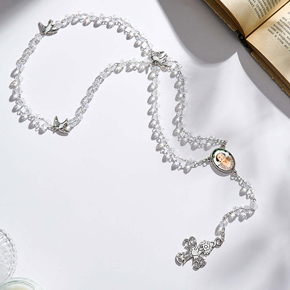 Custom Rosary Beads Cross Necklace Personalized White Stained Glass Crystal Cross Necklace with Photo - soufeelau