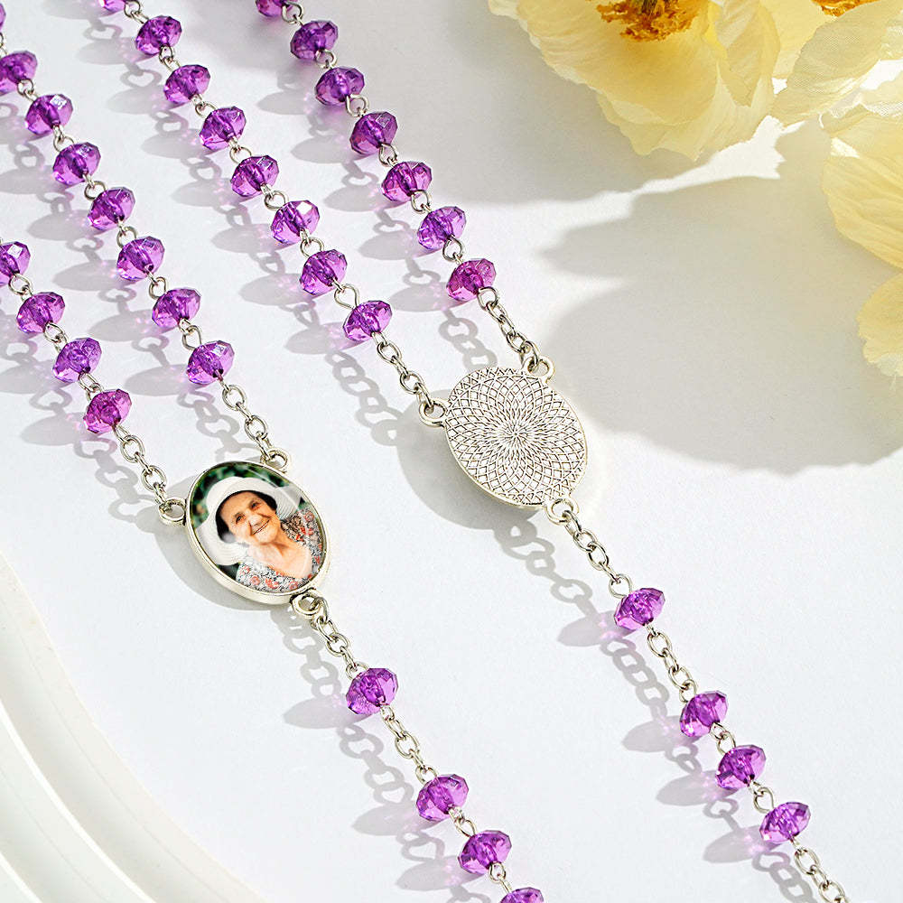 Custom Rosary Beads Cross Necklace Personalized Purple Flat Beads Necklace with Photo - soufeelau