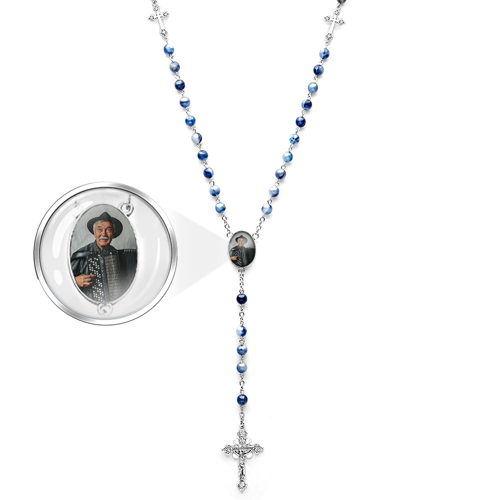 Custom Rosary Beads Cross Necklace Personalized Blue Acrylic Beads Necklace with Photo - soufeelau