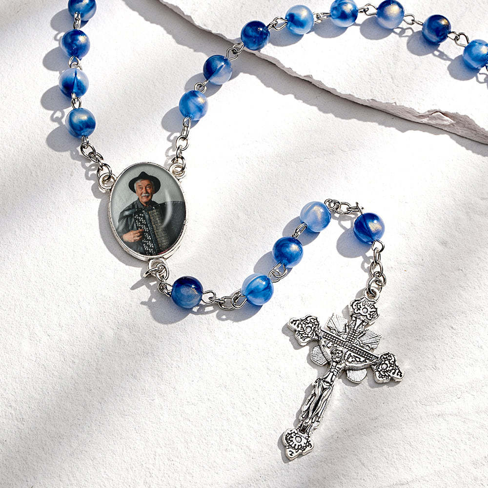 Custom Rosary Beads Cross Necklace Personalized Blue Acrylic Beads Necklace with Photo - soufeelau