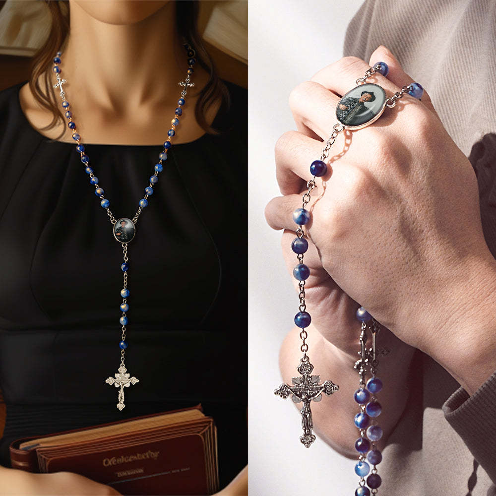 Custom Rosary Beads Cross Necklace Personalized Blue Acrylic Beads Necklace with Photo - soufeelau