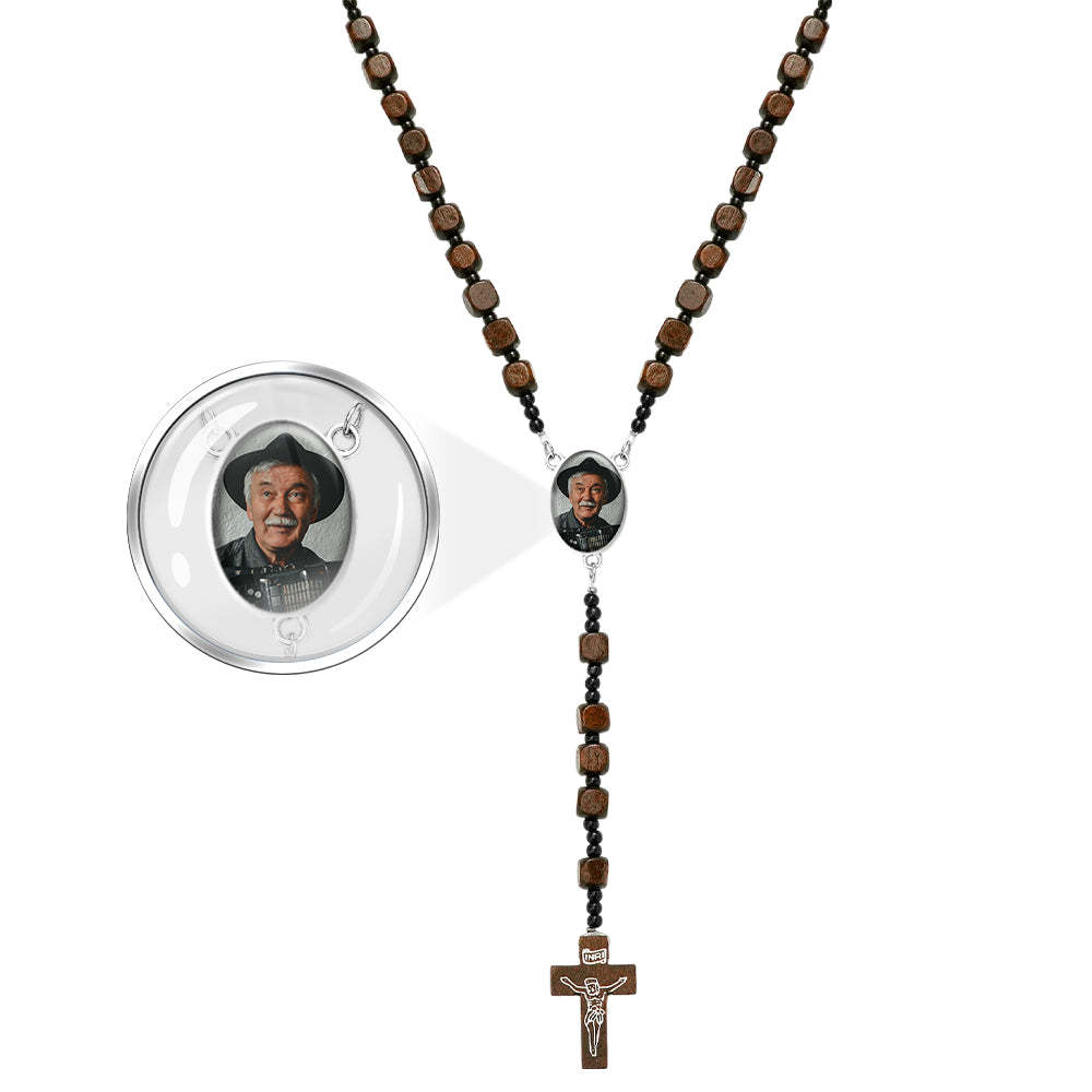 Custom Rosary Beads Cross Necklace Personalized Square Wooden Beads Necklace with Photo - soufeelau