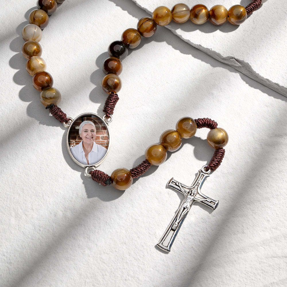 Custom Rosary Beads Cross Necklace Personalized Imitation Agate Beads Hand Woven Necklace with Photo - soufeelau
