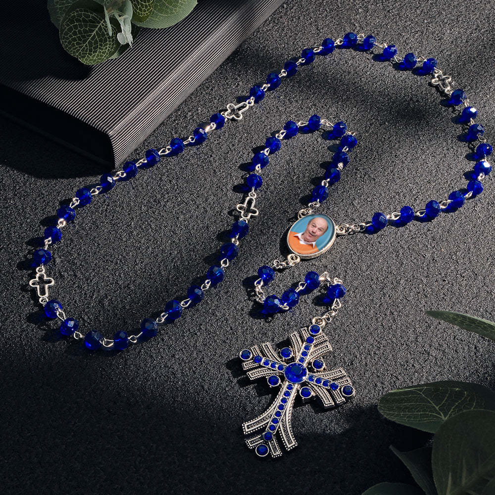 Custom Rosary Beads Cross Necklace Personalized Goth Blue Beads Necklace with Photo - soufeelau