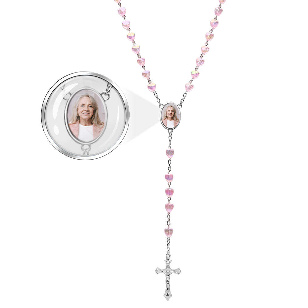 Custom Rosary Beads Cross Necklace Personalized Cross Heart Necklace with Photo - soufeelau