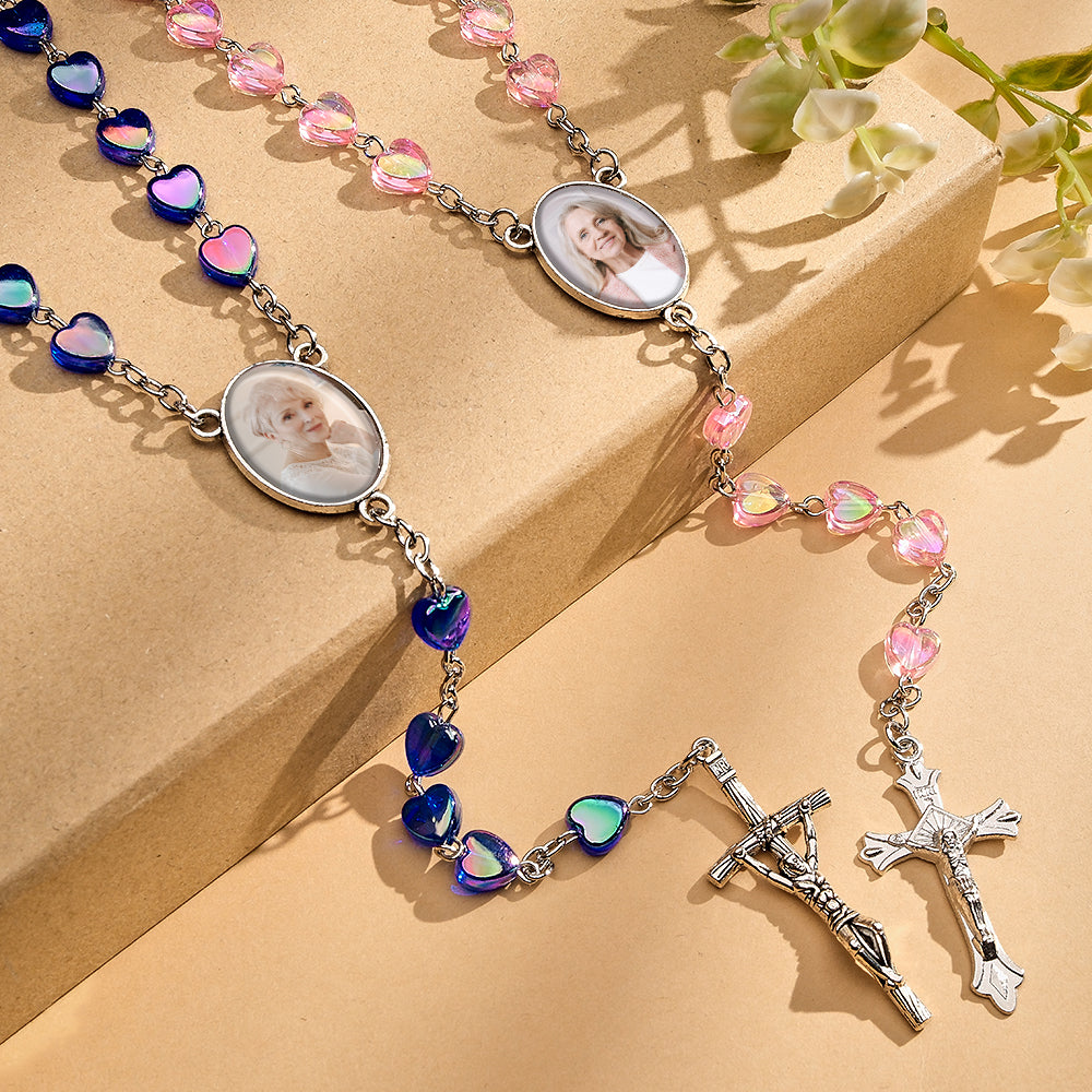 Custom Rosary Beads Cross Necklace Personalized Cross Heart Necklace with Photo - soufeelau