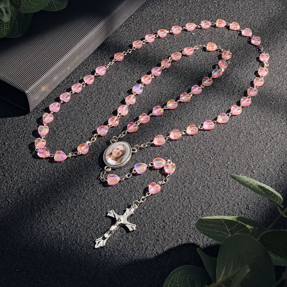 Custom Rosary Beads Cross Necklace Personalized Cross Heart Necklace with Photo - soufeelau