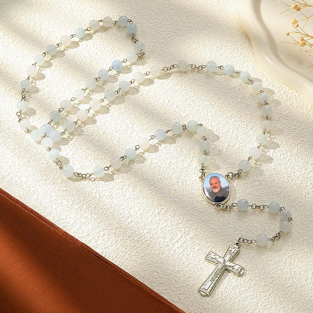 Custom Rosary Beads Cross Necklace Personalized White Acrylic Luminous Beads Necklace with Photo - soufeelau