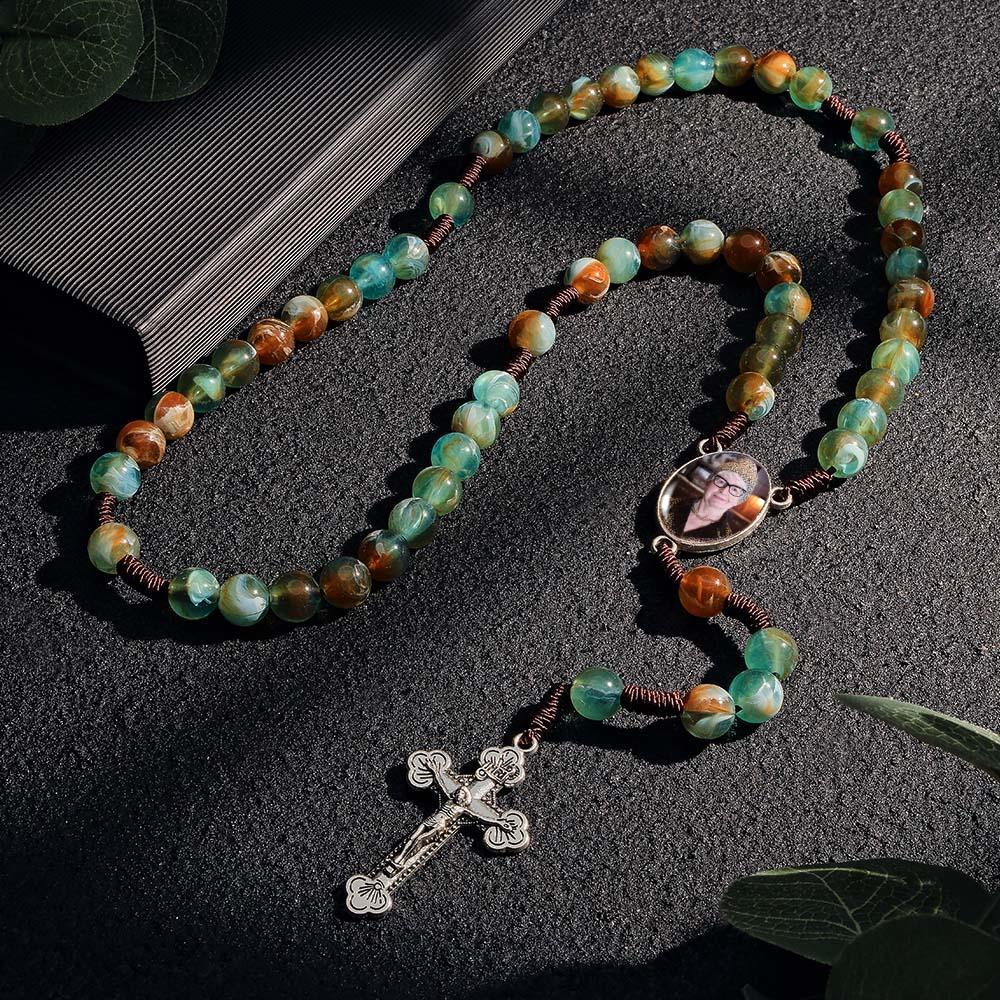 Custom Rosary Beads Cross Necklace Personalized Imitation Agate Round Beads Necklace with Photo - soufeelau