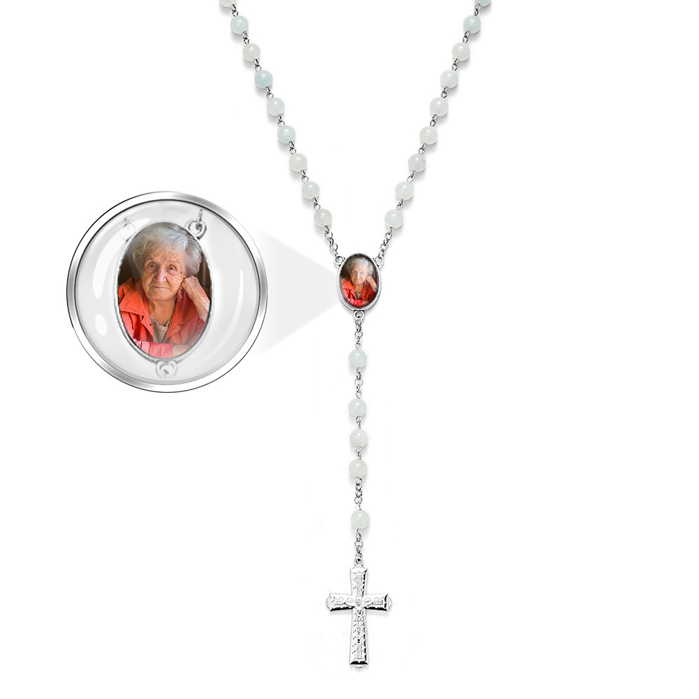 Custom Rosary Beads Cross Necklace Personalized Aquamarine Chalcedony Beads Necklace with Photo - soufeelau