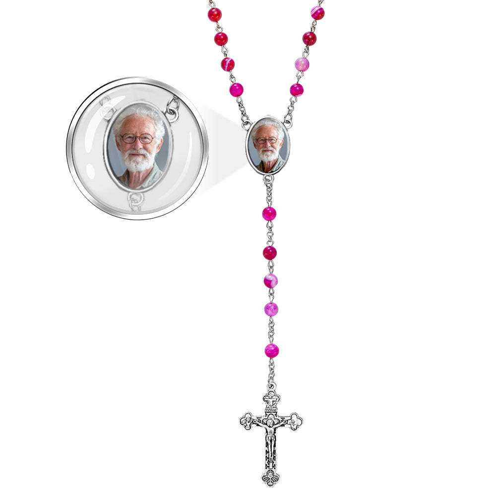 Custom Rosary Beads Cross Necklace Personalized Purple Agate Beads Necklace with Photo - soufeelau