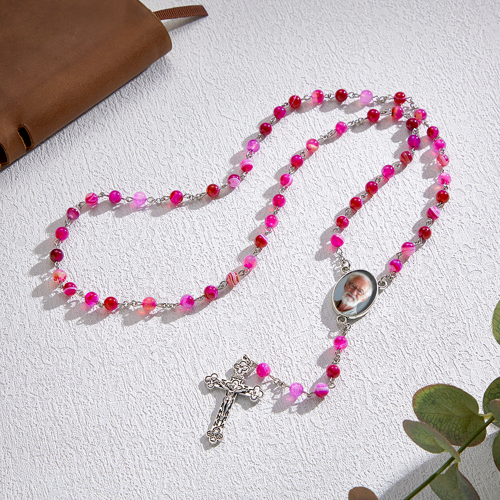Custom Rosary Beads Cross Necklace Personalized Purple Agate Beads Necklace with Photo - soufeelau