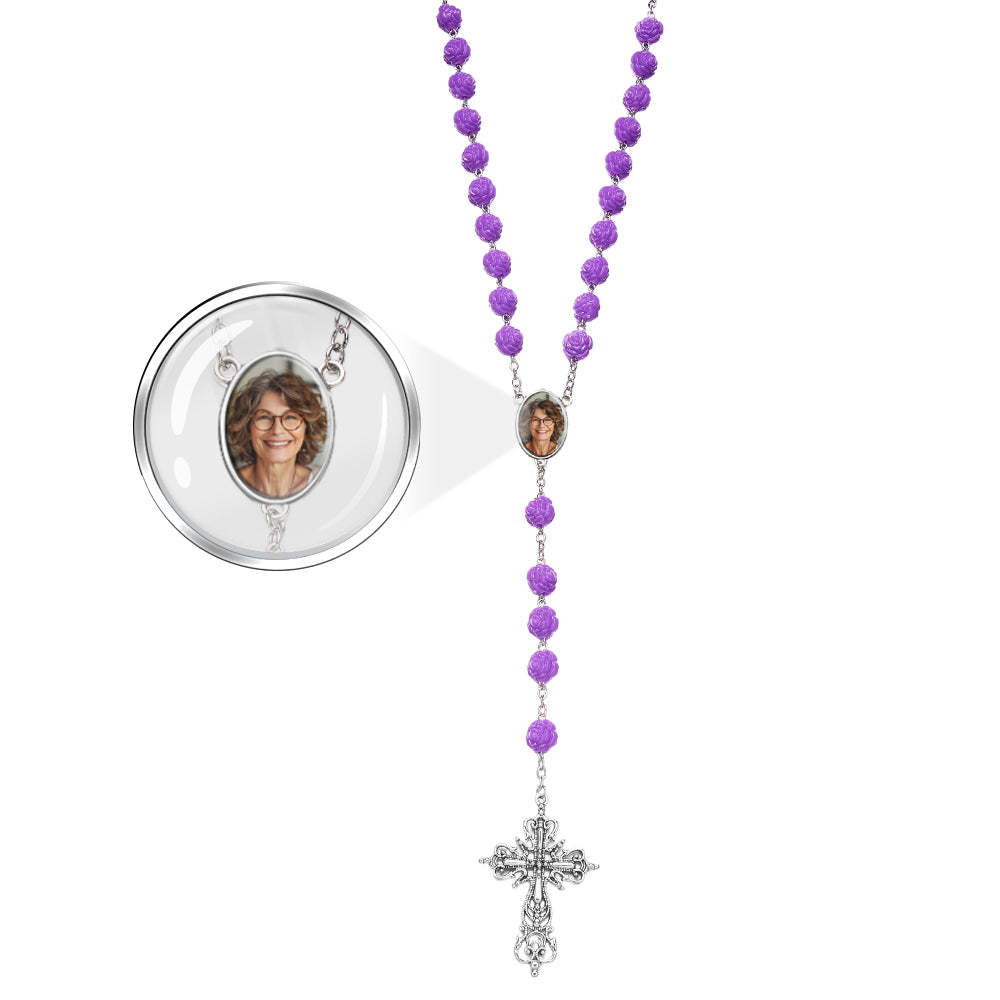 Custom Rosary Beads Cross Necklace Personalized Purple Double Sided Rose Necklace with Photo - soufeelau